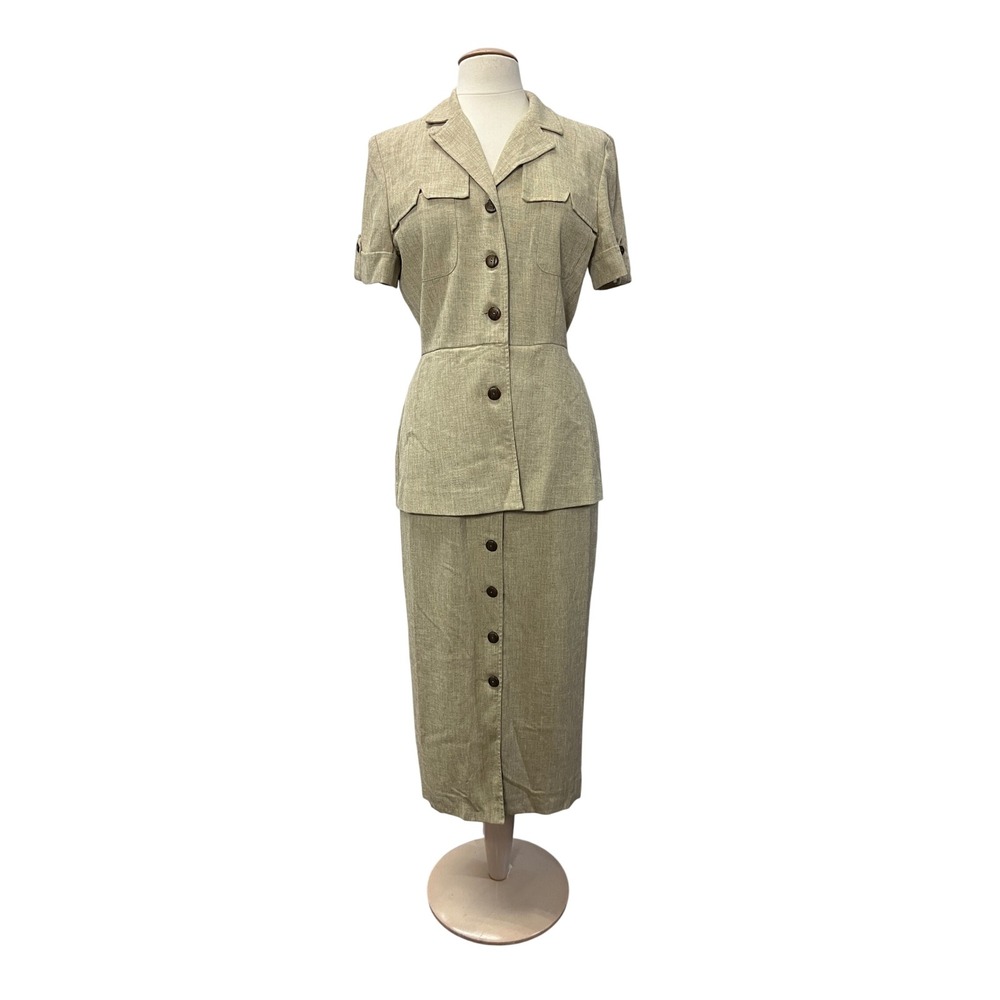 Danny & Nicole Tan Tweed Dress 8 Vintage Safari Preppy Academia Tailored Classic